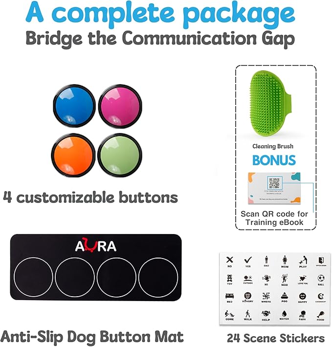 A-URA Dog Buttons for Communication with Mat, HD Sound Quality Dog Talking Button Set – Non-Slip Back Mat, Dog Buttons Talk for Training, Pet Talking Buttons for Dog (Pack of 4)