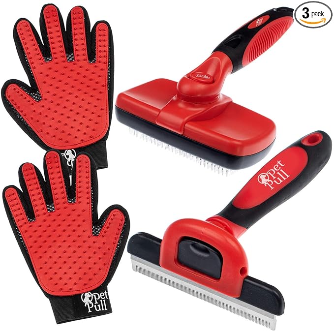 Complete Professional Pet Grooming Kit Self Cleaning Slicker Brush for Dogs & Cats - Pro Grooming Brushes Effectively Reduces Shedding Fur Hair Remover Brush Gloves - Combo Gift Set