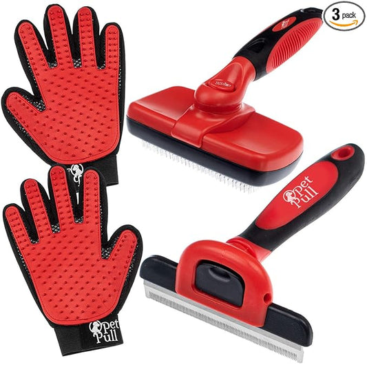 Complete Professional Pet Grooming Kit Self Cleaning Slicker Brush for Dogs & Cats - Pro Grooming Brushes Effectively Reduces Shedding Fur Hair Remover Brush Gloves - Combo Gift Set