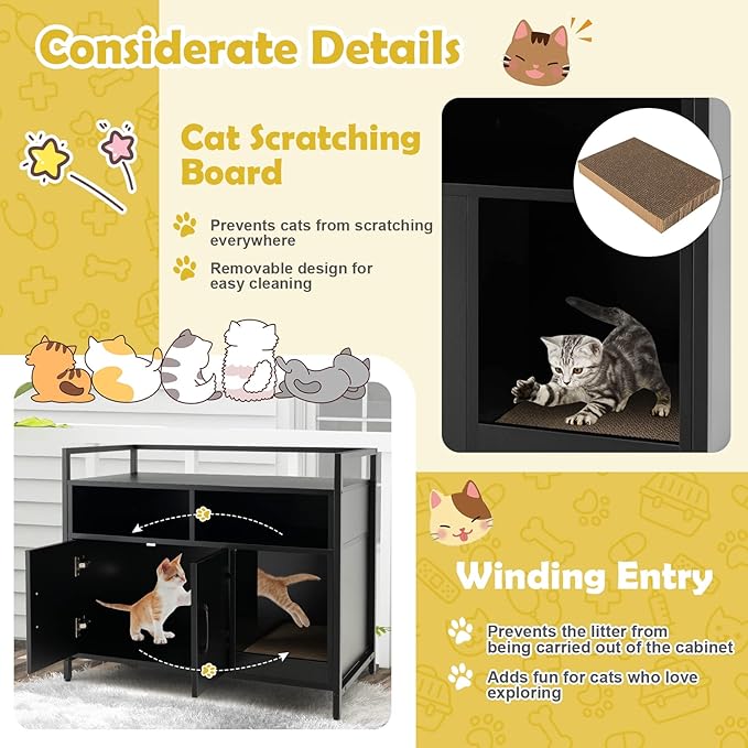 Tangkula Litter Box Enclosure, Cat Litter Box Furniture Hidden w/Metal Frame, Scratching Board, Storage Compartment, Wooden Cat Washroom, Indoor Cat House Side Table, Cat Box Cabinet (Black)