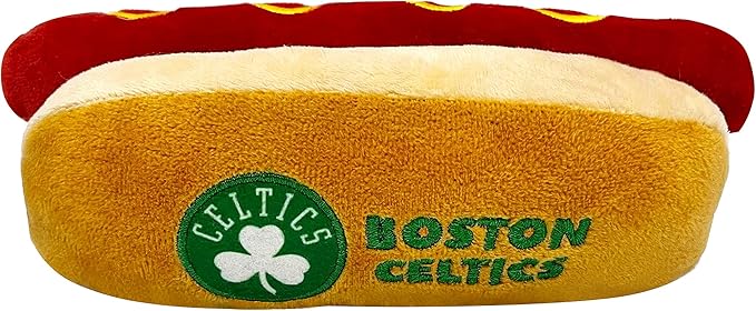 Pets First NBA Boston Celtics HOT Dog Plush Dog & CAT Squeak Toy - Cutest HOT-Dog Snack Plush Toy for Dogs & Cats with Inner Squeaker & Beautiful Basketball Team Name/Logo 8 x 5 x 3 Inches