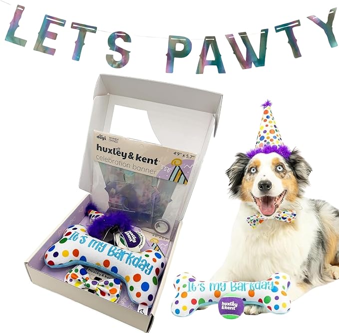 Huxley & Kent Celebration Box for Dogs - Fun Gift Kit with Plush Squeaky Toys, Party Hat, Bow Tie & Banner - Birthday, Gotcha Day & Special Occasion Dog Kit - Happy Barkday Box, Large
