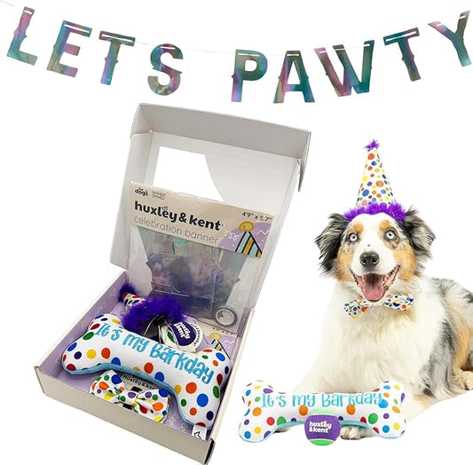 Huxley & Kent Celebration Box for Dogs - Fun Gift Kit with Plush Squeaky Toys, Party Hat, Bow Tie & Banner - Birthday, Gotcha Day & Special Occasion Dog Kit - Happy Barkday Box, Small