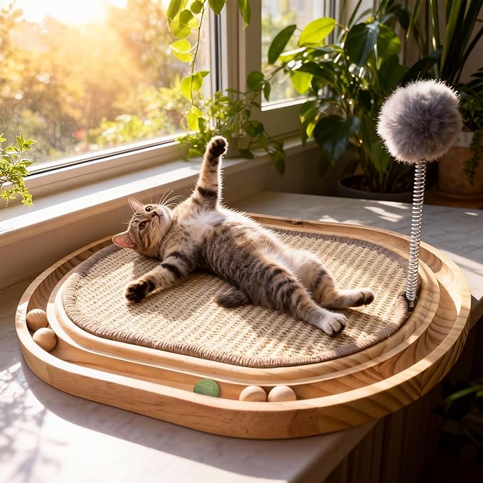 Natural Sisal Cat Scratcher Pad with Wooden Cat Ball Track Toy Interactive Cat Toys for Bored Indoor Adult Cats Kitten Toys for Chasing Hunting & Physical Exercise Puzzle Cat Scratching Pads