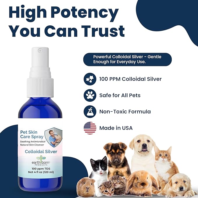 Earthborn Colloidal Silver Spray for Dogs & Cats, Natural Skin Wound Spray for Pets - Soothing Relief for Hot Spots, Burns, Rashes, Cuts, Scratches & Irritations, 4 oz Bottle