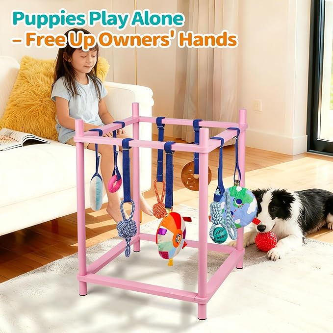 Wooden Puppy Play Gym for Small Dogs, Puppy Jungle Gym with 8 Hanging Toys, Wood Frame Indoor Puppy Gym with Dog Enrichment Toys for Puppies and Small Pets (Pink)