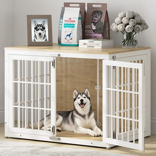 41" Heavy Duty Dog Crate Furniture, Wooden Dog Cage Kennel for Lrage and Extra Large Dogs, Dog Kennel Indoor with Side Door, Decorative Pet House End Table, White and Natural