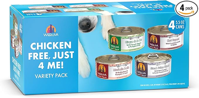 Weruva Classic Dog Food, Chicken Free, Just 4 Me Trial Variety Pack, 5.5oz Can, Pack of 4