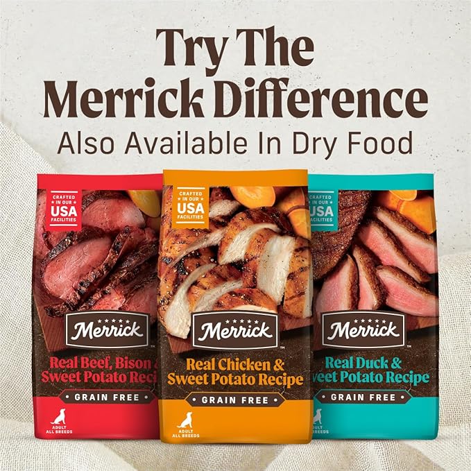 Merrick Grain Free Wet Dog Food, Premium Gluten Free Canned Variety Pack, Beef, Chicken and Turkey Recipes - (Pack of 12) 12.7 oz. Cans