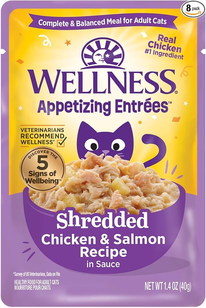 Wellness Appetizing Entrées Shredded Adult Wet Cat Food, Natural, Protein Rich, Grain Free, Chicken and Salmon Recipe, 1.4 oz, Pack of 8 Pouches