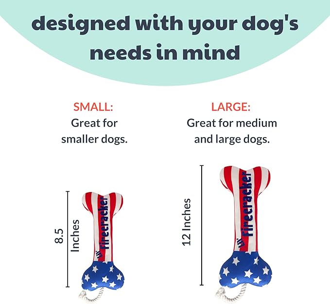 Huxley & Kent for Dogs | Lil' Firecracker Bone (Small) | 4th of July Funny Dog Toy | Power Plush Dog Toy with Squeaker | Dog Gift | Fun, Durable, and Safe | H&K Squeaky Dog Toy