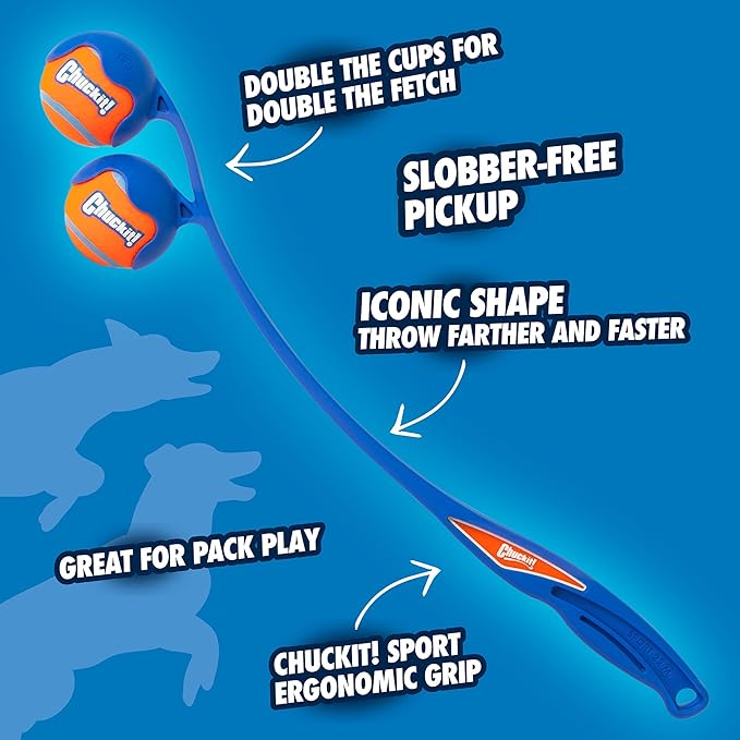 Chuckit! The Duo 22M Double Launcher Dog Toy, 22" Length, Includes 2 Medium Tennis Balls (2.5") Size Medium for Breeds 20-60lbs, for Multi-Dog and Pack Play, Launches Two Balls at Once