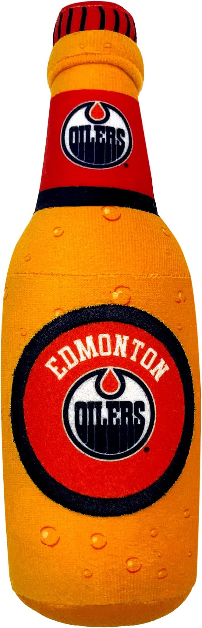 Pets First NHL Edmonton Oilers Beer Bottle Plush Dog & Cat Toy- Cutest Stadium SODA Bottle Snack Plush Toy for Dogs & Cats with Inner Squeaker & Beautiful Hockey Team/Logo