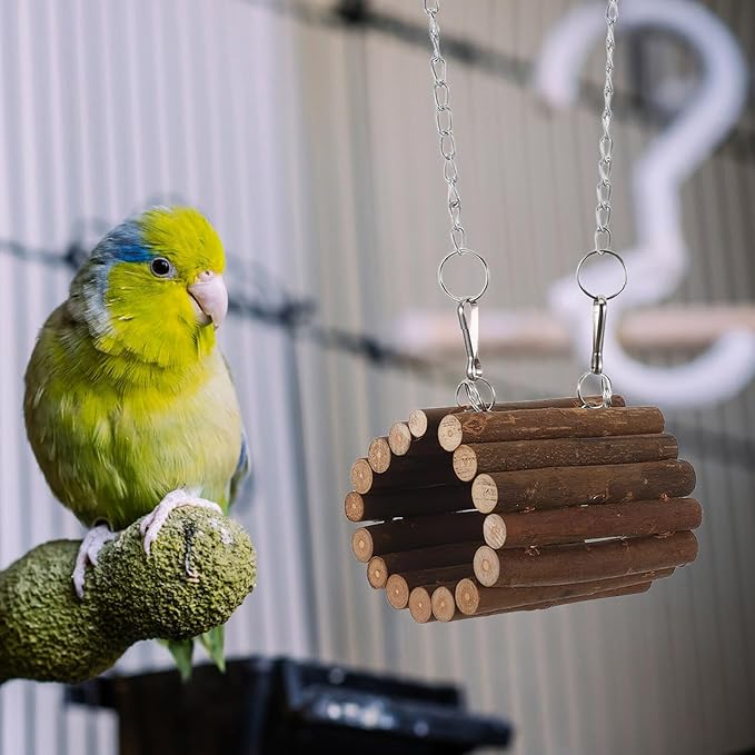 Wooden Parrot Swing Hanging Bird Tunnel with Hook Small Natural Wood Chew Tunnel for Bird Cages Interactive Cage Accessory for Parakeets Cockatiels