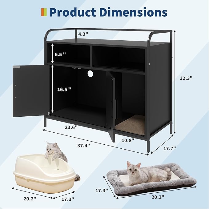 Garvee Cat Litter Box Enclosure Furniture Wooden Hidden Indoor Cat Washroom House Cabinet with 2 Open Compartments Scratching Mat Double Door Storage Cabinet Front Entry Air Vents Metal Frame