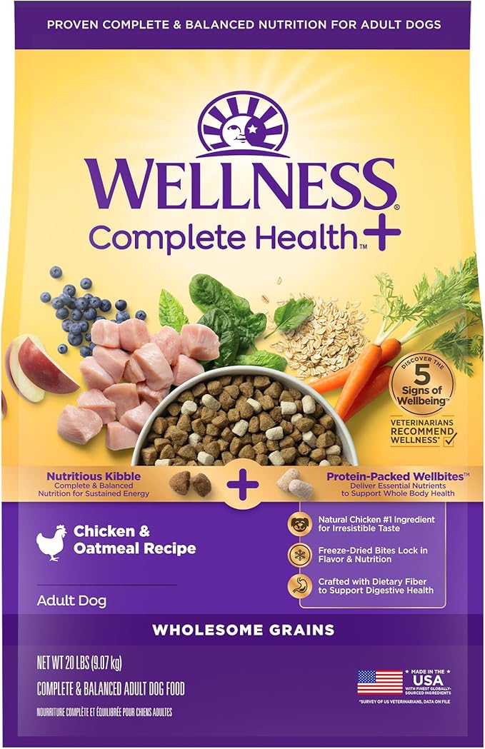 Wellness Complete Health+ Adult Dry Dog Food with Freeze Dried Wellbites, Wholesome Grain Kibble+, Natural, Chicken and Oatmeal Recipe, 20 lb Bag