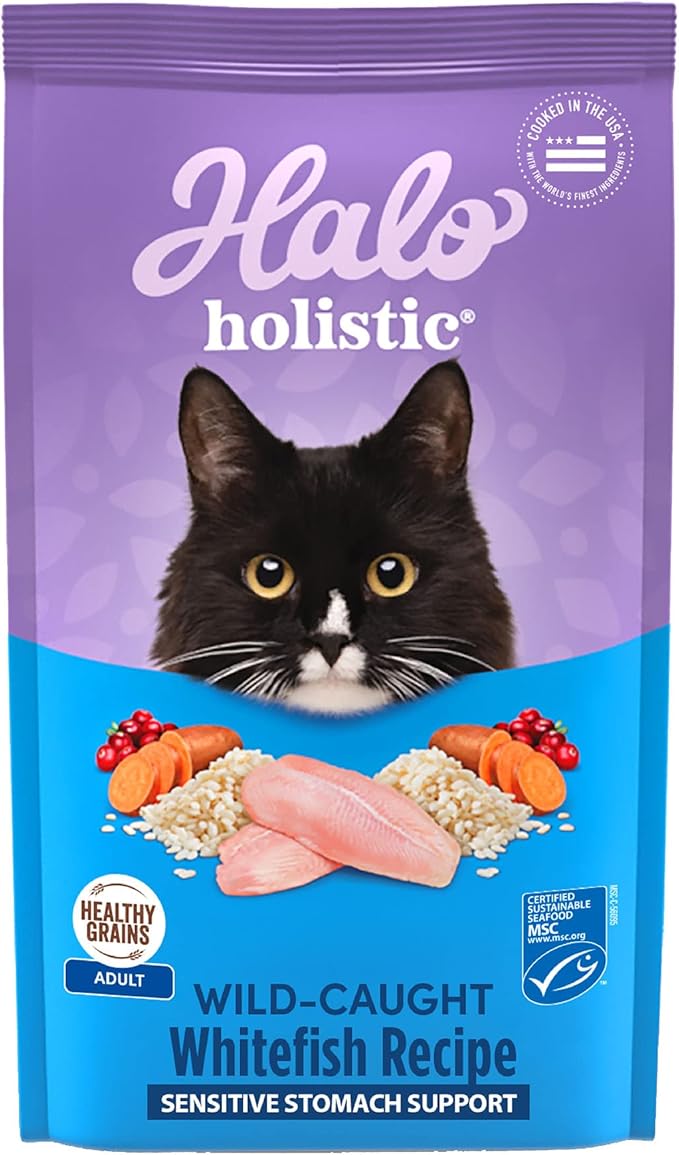 Halo Holistic Cat Food Wild Caught Whitefish Formula, Healthy Grains Dry Cat Food, For Sensitive Stomach Support, Kibble for Adult Cats, 10 lb Bag