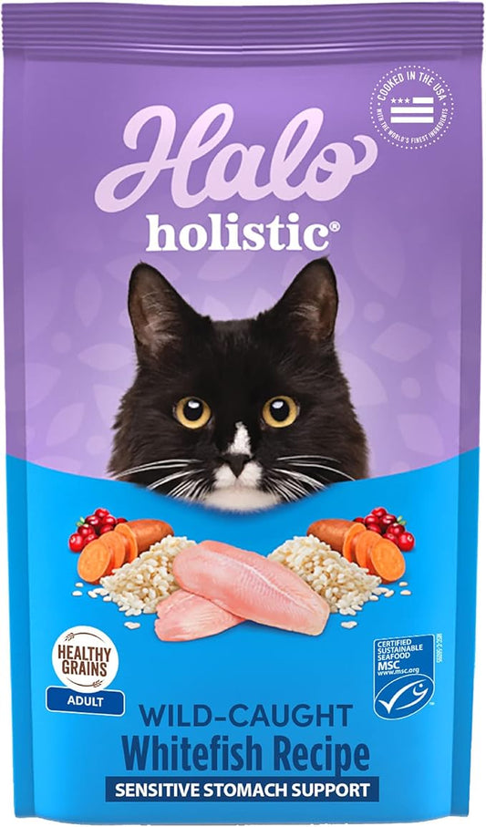 Halo Holistic Cat Food Wild Caught Whitefish Formula, Healthy Grains Dry Cat Food, For Sensitive Stomach Support, Kibble for Adult Cats, 3 lb Bag
