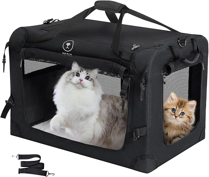 PEGIC Extra Large Cat Carrier for Car Travel, Soft Sided Collapsible Pet Carrier for Outdoor and Indoor Uses, Roomy Cat Carrier for 2 Kittens, Large Cat or Puppies up to 50lbs (Black)