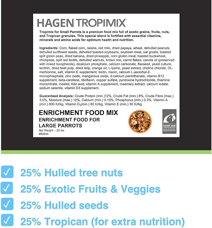 Hari Hagen Tropimix Enrichment Food for Small Parrots, 20 lb. (9.07 kg) - HARI Small Parrot Food with Seeds, Fruit, Nuts, Vegetables, Grains, and Legumes