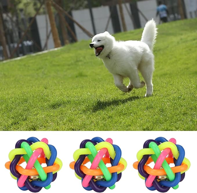 Zerodis 10Pcs Pet Wobbly Rubber Ball,Colorful Dog Rubber Woven Ball Built in Bell Pet Chew Teeth Grinding Interactive Toys for Indoor Cats and Dogs