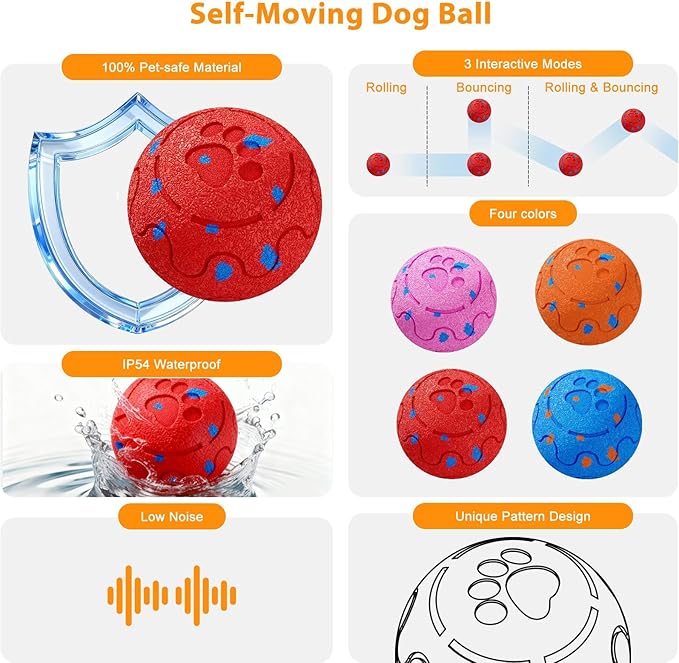 Dog Balls: Interactive Dog Ball, Self-Moving Dog Toy with Auto-Rolling & Bouncing, E-TPU Material, IP54 Waterproof, Motion-Activated (Red, Large)