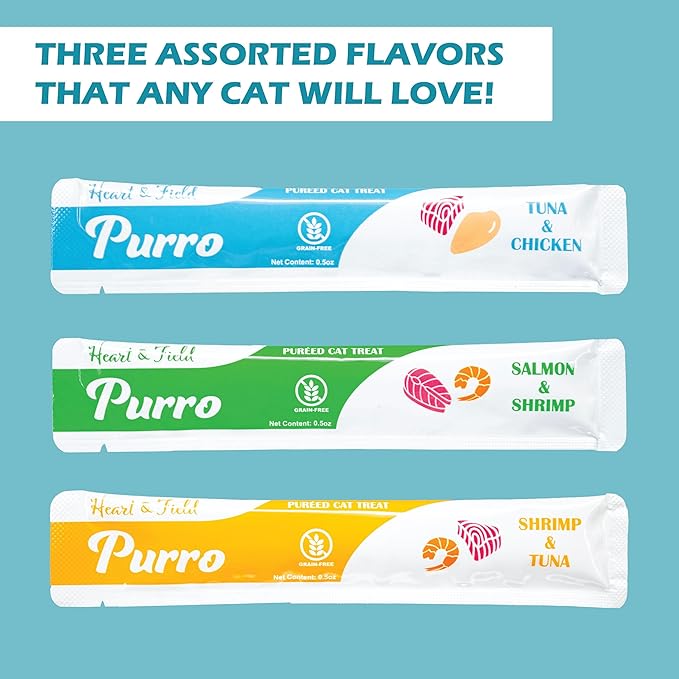 Heart & Field Purro Cat Treats, Squeezable Lickable Variety Pack, Tuna Shrimp, Salmon Shrimp, Tuna Chicken, 52 Count