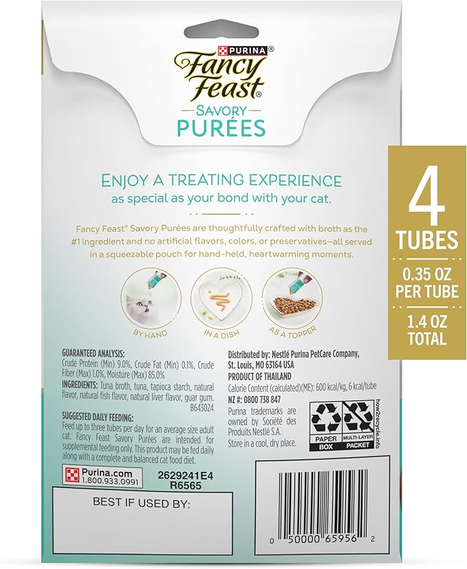 Purina Fancy Feast Squeezable Cat Treats Tube, Savory Puree Naturals with Natural Tuna in a Demi-Glace - 0.35 Ounce (Pack of 12)