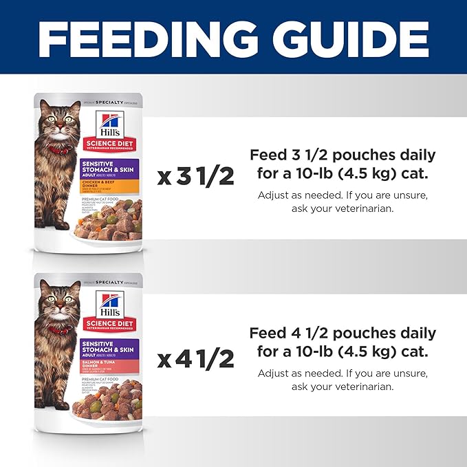 Hill's Science Diet Adult Sensitive Stomach & Skin Wet Cat Food Variety Pack, Chicken & Beef, Salmon & Tuna, 2.8 oz. Pouches, 12-Pack
