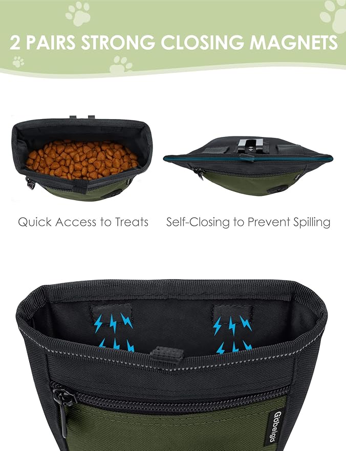 Gobeigo Dog Treat Pouch and Training Clicker, Upgrade Two Magnetic Closure to Prevent Spills, 2 Cup Treat Bag with Poop Bag Dispenser, Metal Clip Waist Belt Fanny Pack for Pet Walk (Black/Army Green)