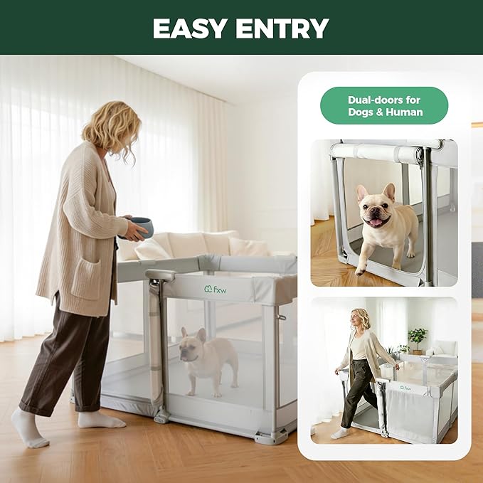 FXW SnapFold Dog Playpen with Dual Doors, Foldable & Portable Indoor Pen, 49 x 49 x 27 inch Spacious Play/Sleeping Area/Potty Training for Puppy & Small Dog, Gray