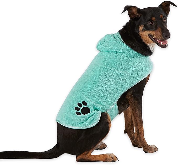 Bone Dry Pet Robe Collection Embroidered Absorbent Microfiber Bath Robe with Adjustable Closure, for Dogs & Cats, Large, Aqua