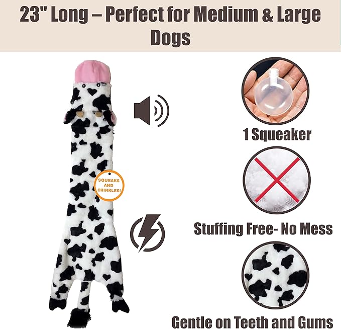 SPOT Skinneeez Crinklers Cow 23-Inch Stuffing-Free Squeaky Dog Toy – Interactive Plush Toy for Medium & Large Dogs – Mess Free Play for Light & Moderate Chewers