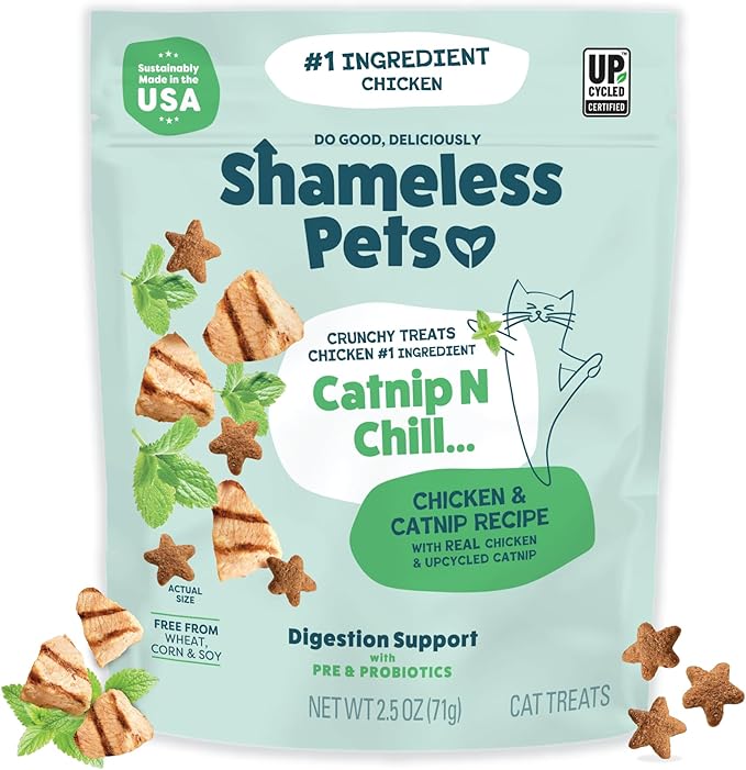 Shameless Pets Crunchy Cat Snacks & Treats – Healthy Cat Treats for Indoor Cats & Kittens with Catnip, Real Chicken & Digestive Support, Catnip N Chill (2.5 oz)