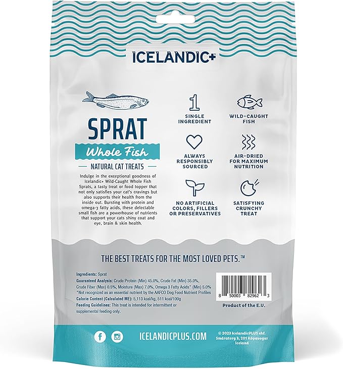 Icelandic+ Whole Fish: Sprat - 0.85oz Bag - Cat Treats, Wild- Caught, 2.5-3" Crunchy Air-Dried Pet Snacks, Single Ingredient, Just Fish-Nothing Else (Pack of 2)