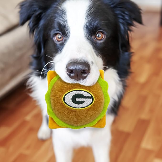 NFL Green Bay Packers Cheese Burger Plush Dog & CAT Squeak Toy - Cutest Stadium HAMBERGER Snack Plush Toy for Dogs & Cats with Inner Squeaker & Beautiful Football Team Name/Logo