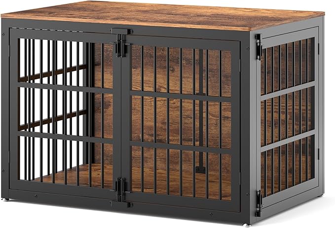 48" Heavy Duty Dog Crate Furniture, Wooden Dog Cage Kennel for Lrage and Extra Large Dogs, Dog Kennel Indoor with Side Door, Decorative Pet House End Table, Brown