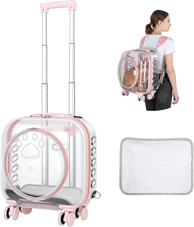 Cat Carrier Backpack with Silent Wheels, Clear Cat Stroller with Ventilation Holes, Telescopic Handle, Convenient Portable Cats Dogs Backpack for Travel (Light Pink-B)