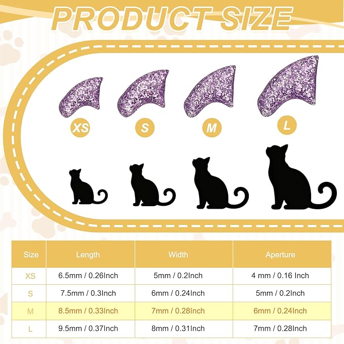 Cat Nail Caps, Cat Claw Covers with Adhesive Glue and Applicators, Kitten Claw Caps Soft Paws, (40 Pcs, M, Crystal Lavender), Intended for Pet Tips/Nail Covers/Control Paws