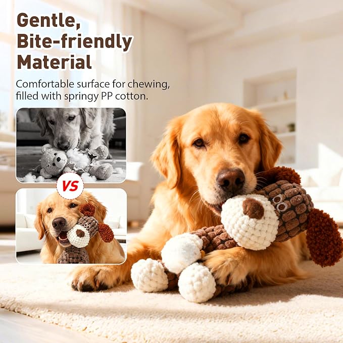 2026 New Dog Toys, Indestructible Plush Dog Toy for Aggressive Chewers, Interactive Squeaky Soft Puppy Chew Toy, Durable Teething Toys for Small Medium Large Dogs (Brown)