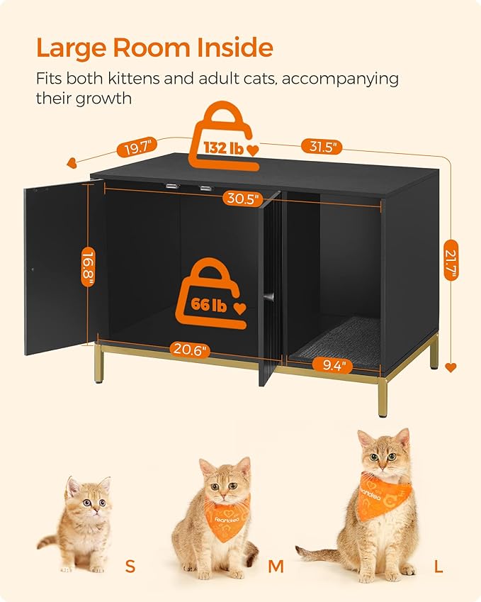 Feandrea Cat Litter Box Enclosure, Hidden Litter Box Furniture with Scratch Pad, Front Entry, Double Cabinet Doors, Modern Style, 31.5" Cat House Washroom Side End Table, Black and Gold