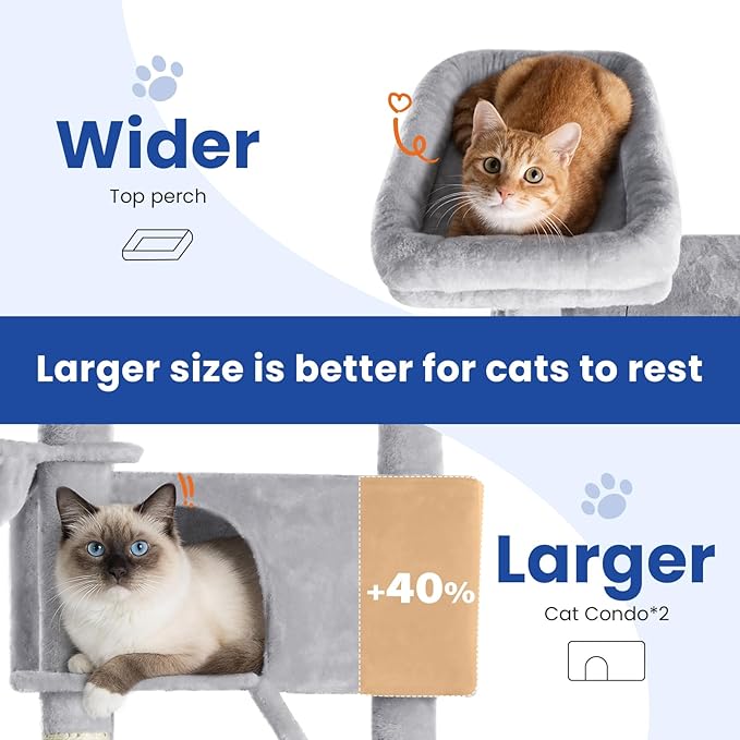ABCPET Cat Tree 82 in Multi-Level Cat Tower for Indoor Cats, Heavy Duty Large Cat Tree with Sisal Scratching Posts, Hammock, 2 Perches, 2 Condos, 2 Hanging Baskets, Light Grey