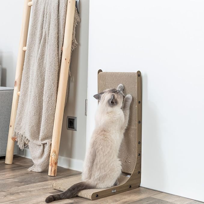 Trixie L-Shape Cat Scratcher with Catnip & Silvervine - 17.7" Indoor Furniture - Double-Sided Corrugated Cardboard - Vertical & Horizontal Scratching Pad with Ball Toy for Cats & Kittens - Gray/Brown