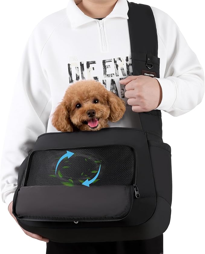 Dog Sling Carrier for Small Medium Dogs & Cats, Fits 7–18lbs, Soft Puffy Lightweight Pet Sling Carrier with Adjustable Padded Strap and Storage Pocket, Hands-Free for Travel, Hiking & Outdoor Black