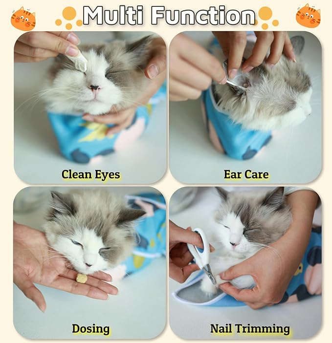 21.7" Cat Wrap for Grooming-Premium Cat Grooming Wrap Cat Restraint for Nail Clipping, Self-Adherent Soft Cat Blanket to Wrap Cat Anti-Scratch Anti-Escape Grooming Bag (Blue, L(Within 9lbs))