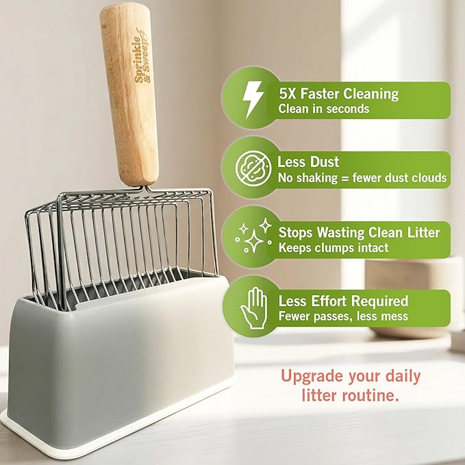 Sprinkle & Sweep: Litter Box Speed Shifter - 2 Pack - Metal Scoop, Comfortable Wood Grip, Washable Stand, Efficient Cleaning, Cat & Pet Maintenance