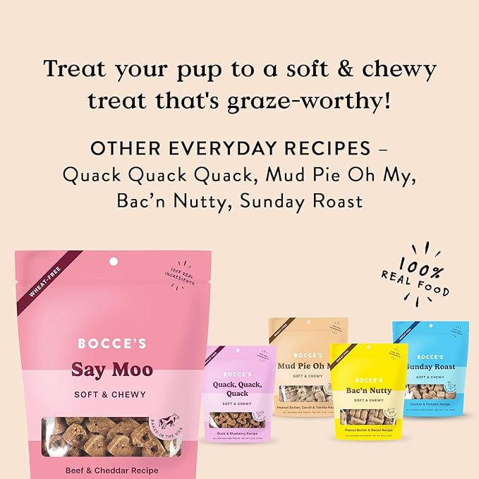 Bocce's Bakery Oven Baked Say Moo Treats for Dogs, Wheat-Free Everyday Dog Treats, Made with Real Ingredients, Baked in The USA, Natural Soft & Chewy Cookies, Beef & Cheddar Recipe, 6 oz (Pack of 2)