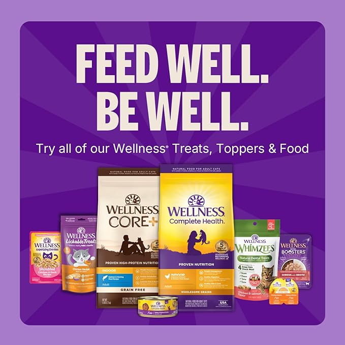 Wellness Lickable Soft Puree Cat Treats, All Lifestages, Kitten to Senior, Natural, Grain Free, Tuna Flavor, 0.4 oz, Pack of 6 Tubes