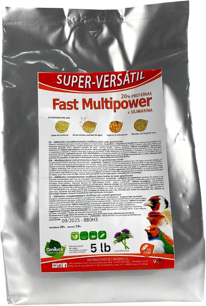 Fast Multipower Bird Food by Super-Versatil - 20 Percent Protein for Canary and Small Bird, Chick Feed with Milk Thistle Extract for Chicks High Energy Blend Silver Foil Bag 5 Lb
