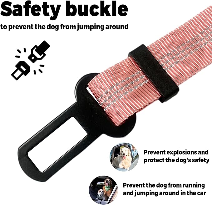 Dog Seat Belt for Car Adjustable Dog Safety Belt Leash, 2 in 1 Latch Bar Attachment Dog Car Seatbelt with Elastic Nylon Bungee Buffer, Reflective Nylon Belt Tether Connect to Dog Harness 19-32in(Pink)